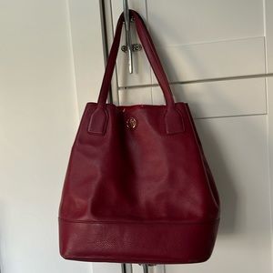Tory Burch large tote duffle bag red pebbled leather
